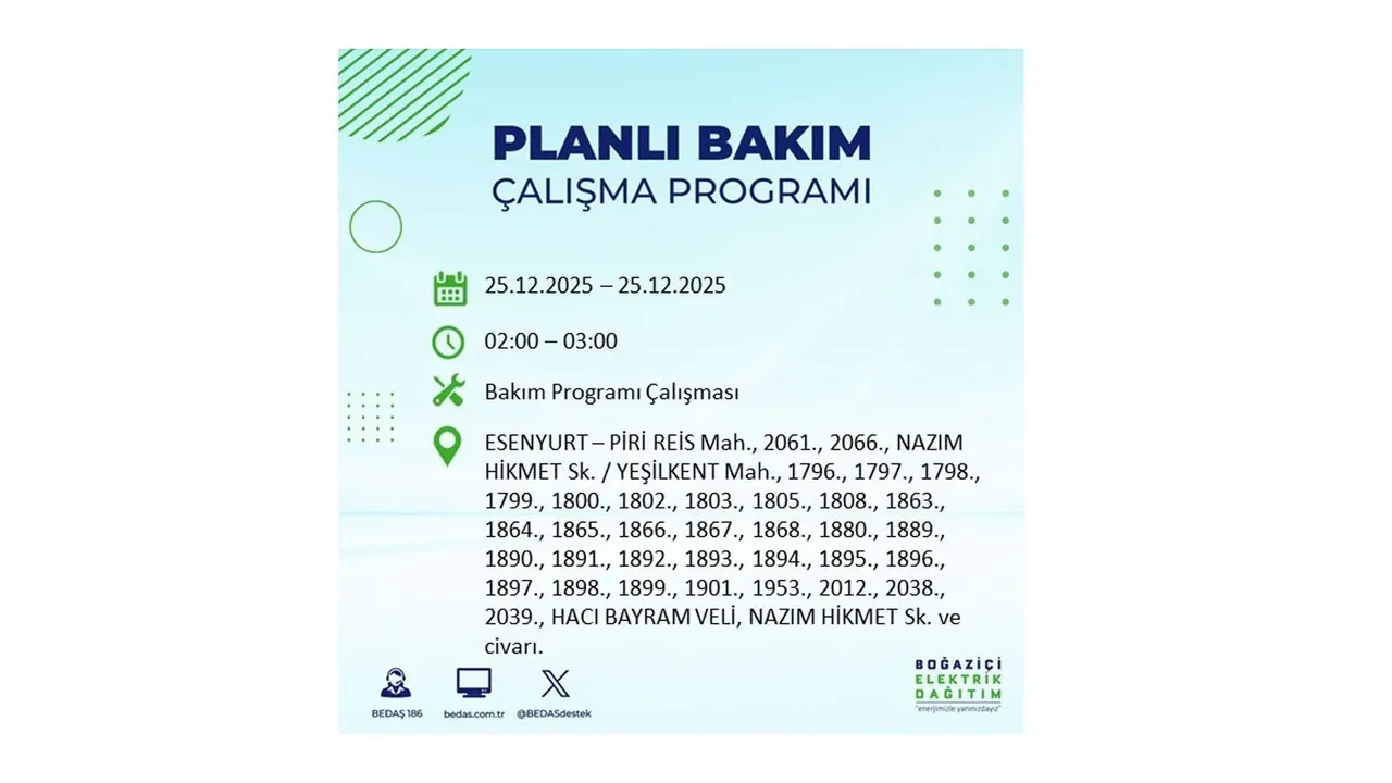 25 Aralık İstanbul elektrik kesintisi duyurusu! BEDAŞ çalışmaları 21 ilçeyi etkileyecek