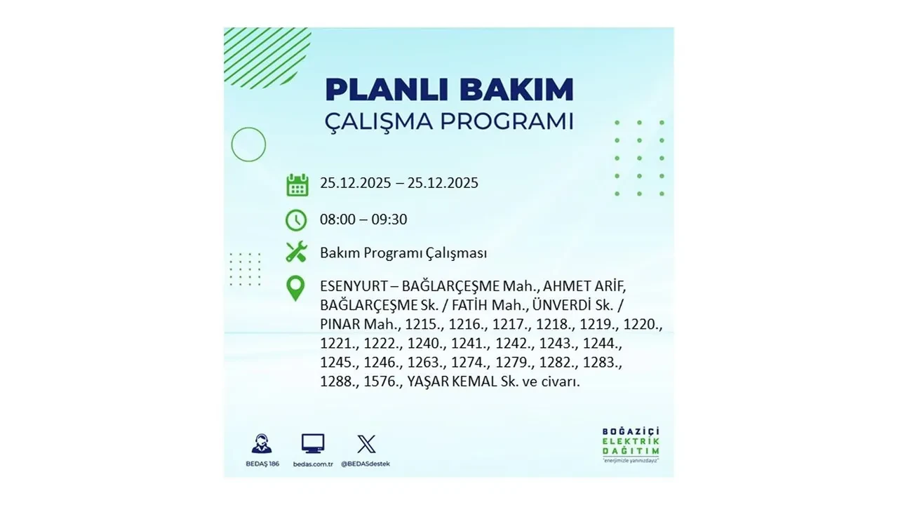 25 Aralık İstanbul elektrik kesintisi duyurusu! BEDAŞ çalışmaları 21 ilçeyi etkileyecek
