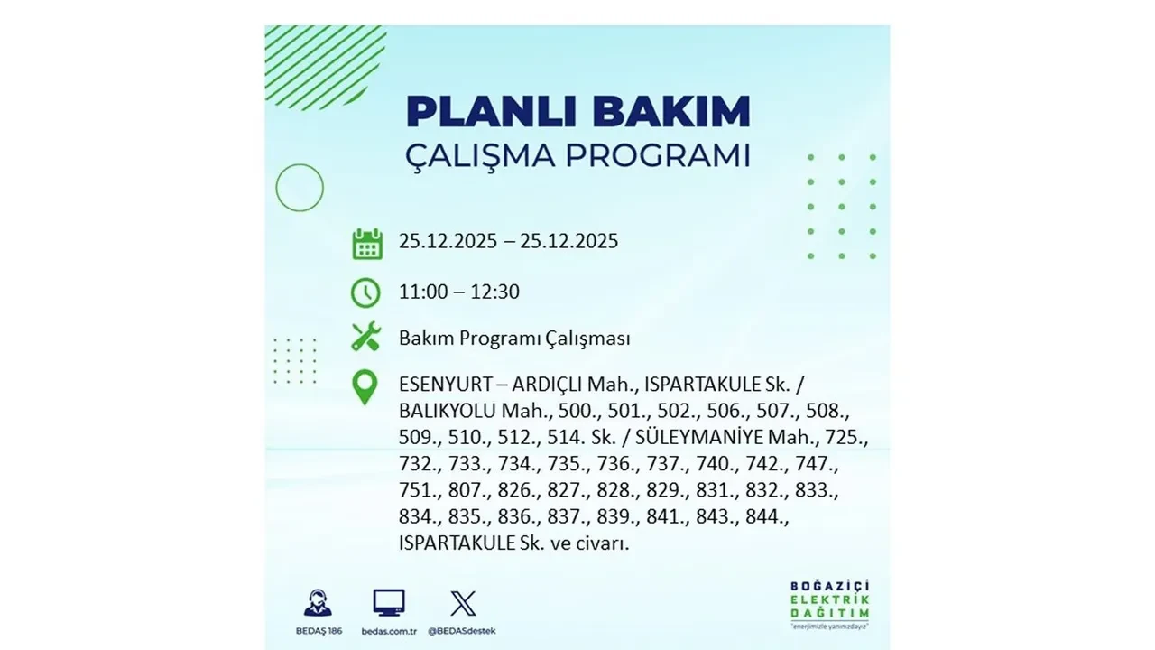 25 Aralık İstanbul elektrik kesintisi duyurusu! BEDAŞ çalışmaları 21 ilçeyi etkileyecek
