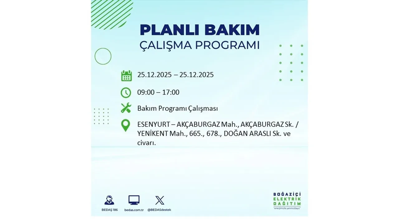 25 Aralık İstanbul elektrik kesintisi duyurusu! BEDAŞ çalışmaları 21 ilçeyi etkileyecek
