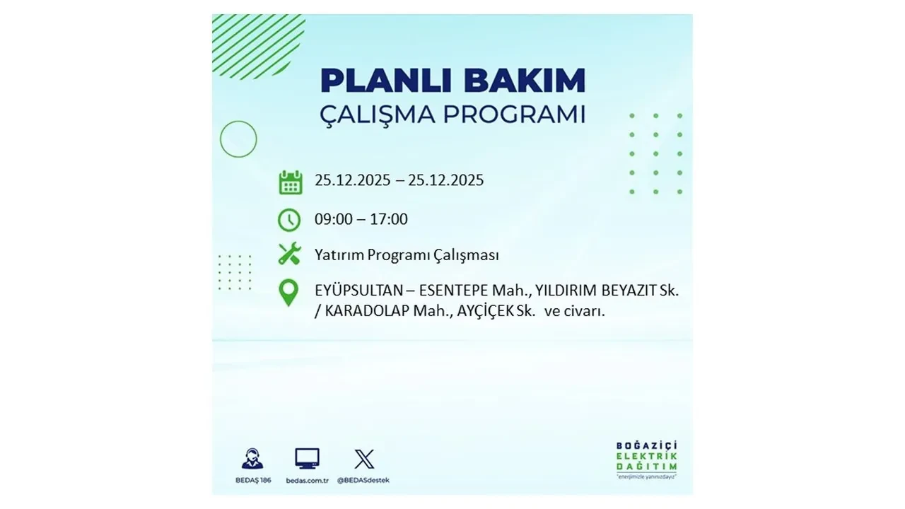 25 Aralık İstanbul elektrik kesintisi duyurusu! BEDAŞ çalışmaları 21 ilçeyi etkileyecek