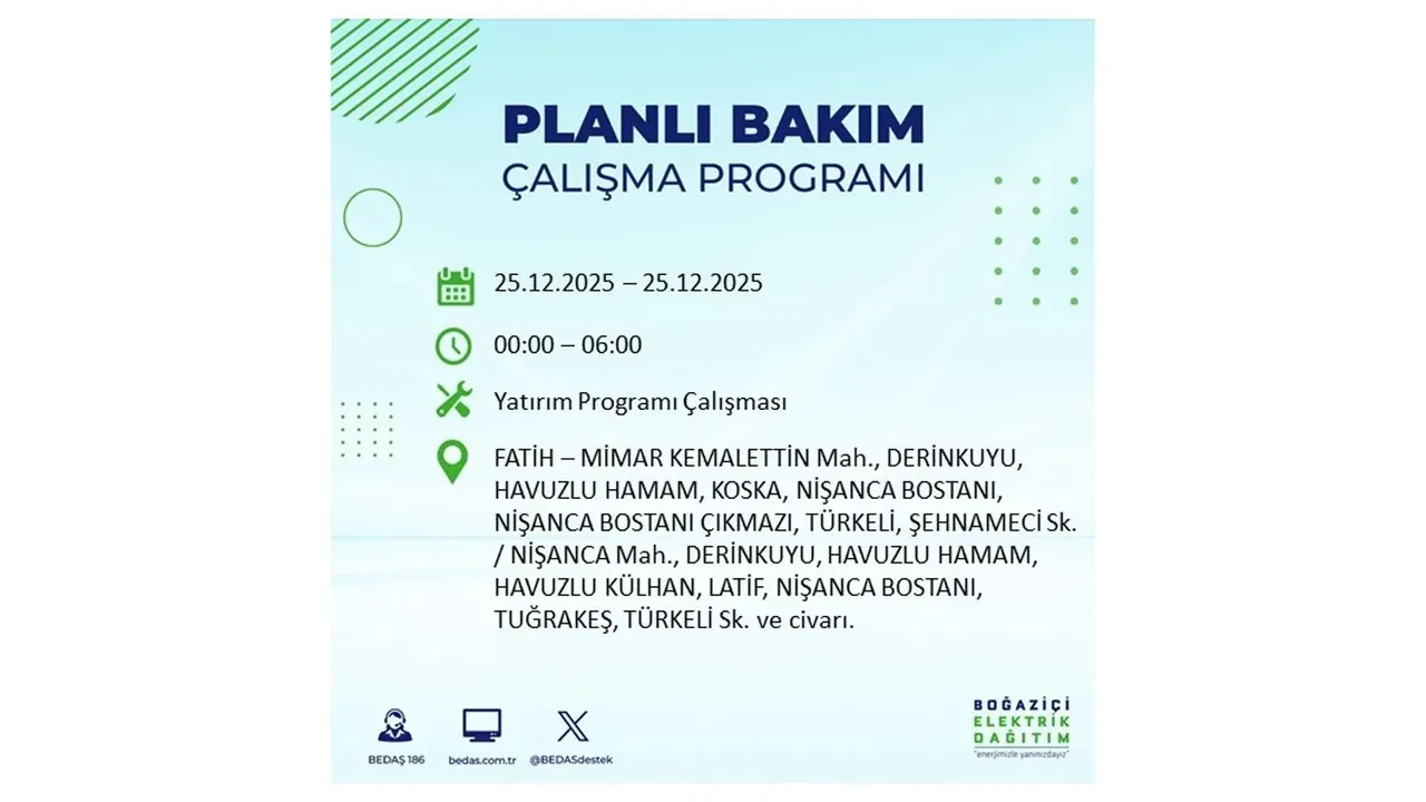 25 Aralık İstanbul elektrik kesintisi duyurusu! BEDAŞ çalışmaları 21 ilçeyi etkileyecek