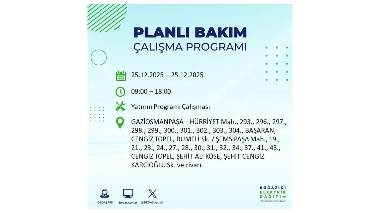 25 Aralık İstanbul elektrik kesintisi duyurusu! BEDAŞ çalışmaları 21 ilçeyi etkileyecek