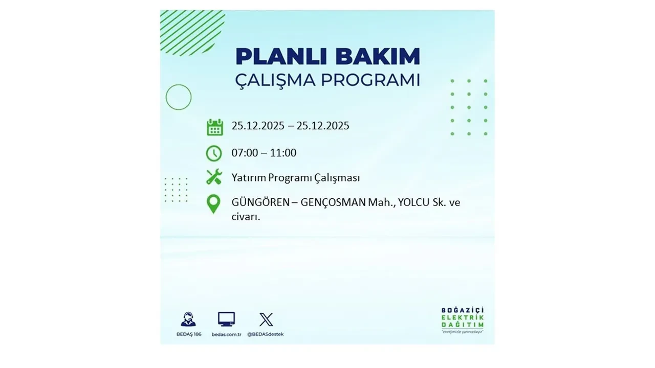 25 Aralık İstanbul elektrik kesintisi duyurusu! BEDAŞ çalışmaları 21 ilçeyi etkileyecek