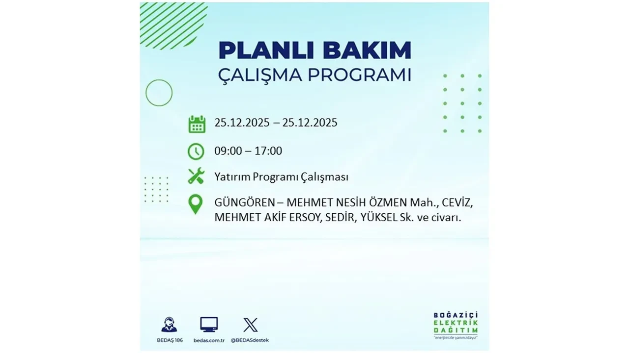 25 Aralık İstanbul elektrik kesintisi duyurusu! BEDAŞ çalışmaları 21 ilçeyi etkileyecek