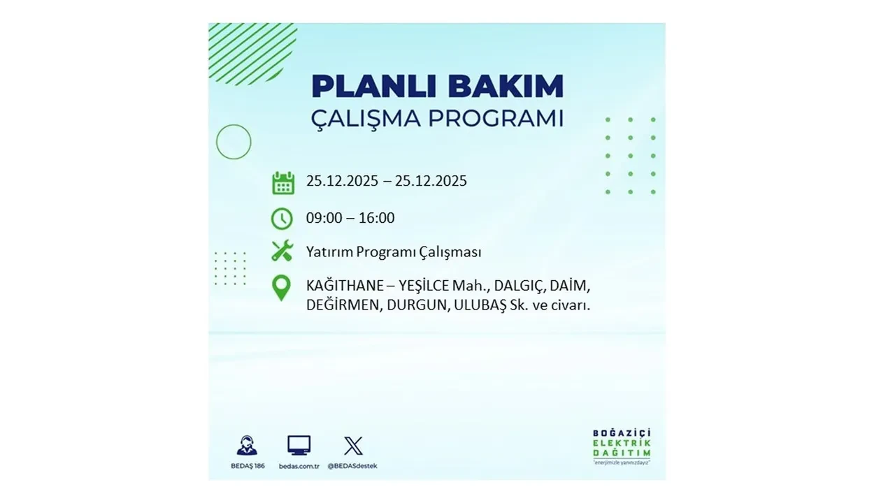 25 Aralık İstanbul elektrik kesintisi duyurusu! BEDAŞ çalışmaları 21 ilçeyi etkileyecek