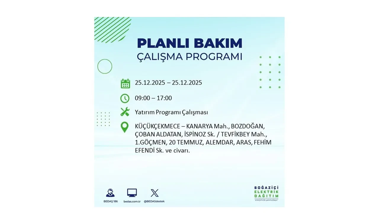 25 Aralık İstanbul elektrik kesintisi duyurusu! BEDAŞ çalışmaları 21 ilçeyi etkileyecek