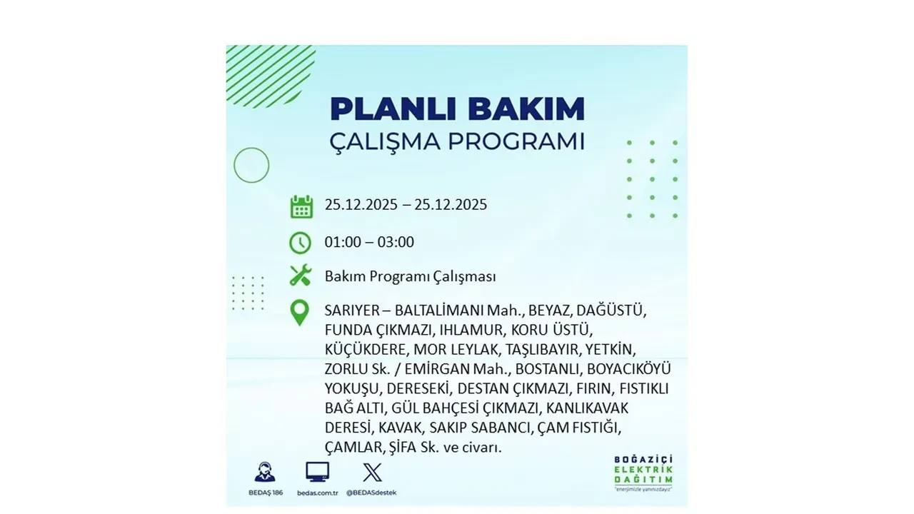 25 Aralık İstanbul elektrik kesintisi duyurusu! BEDAŞ çalışmaları 21 ilçeyi etkileyecek