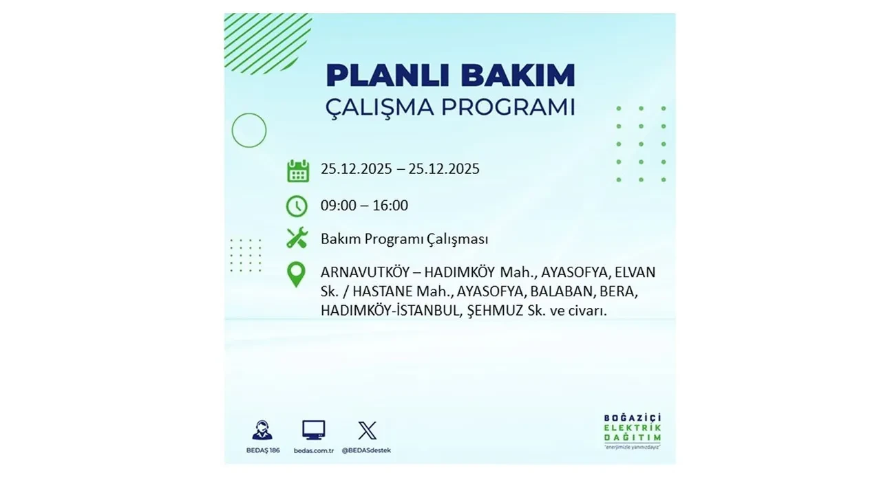 25 Aralık İstanbul elektrik kesintisi duyurusu! BEDAŞ çalışmaları 21 ilçeyi etkileyecek