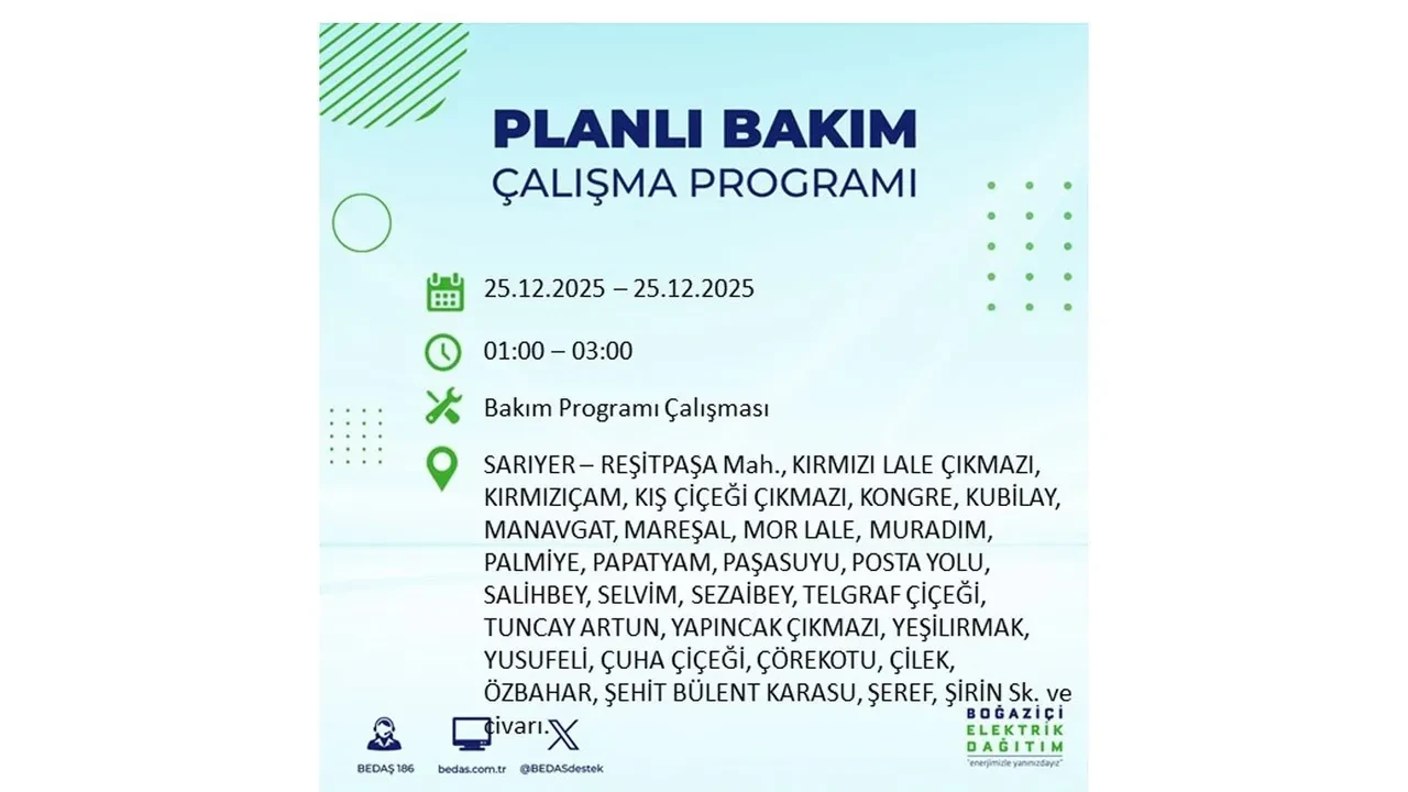 25 Aralık İstanbul elektrik kesintisi duyurusu! BEDAŞ çalışmaları 21 ilçeyi etkileyecek