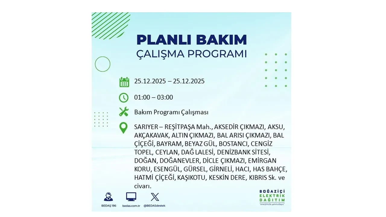 25 Aralık İstanbul elektrik kesintisi duyurusu! BEDAŞ çalışmaları 21 ilçeyi etkileyecek