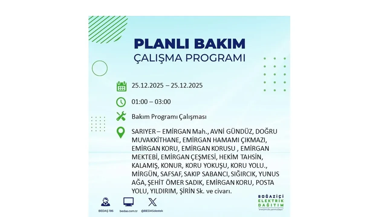 25 Aralık İstanbul elektrik kesintisi duyurusu! BEDAŞ çalışmaları 21 ilçeyi etkileyecek