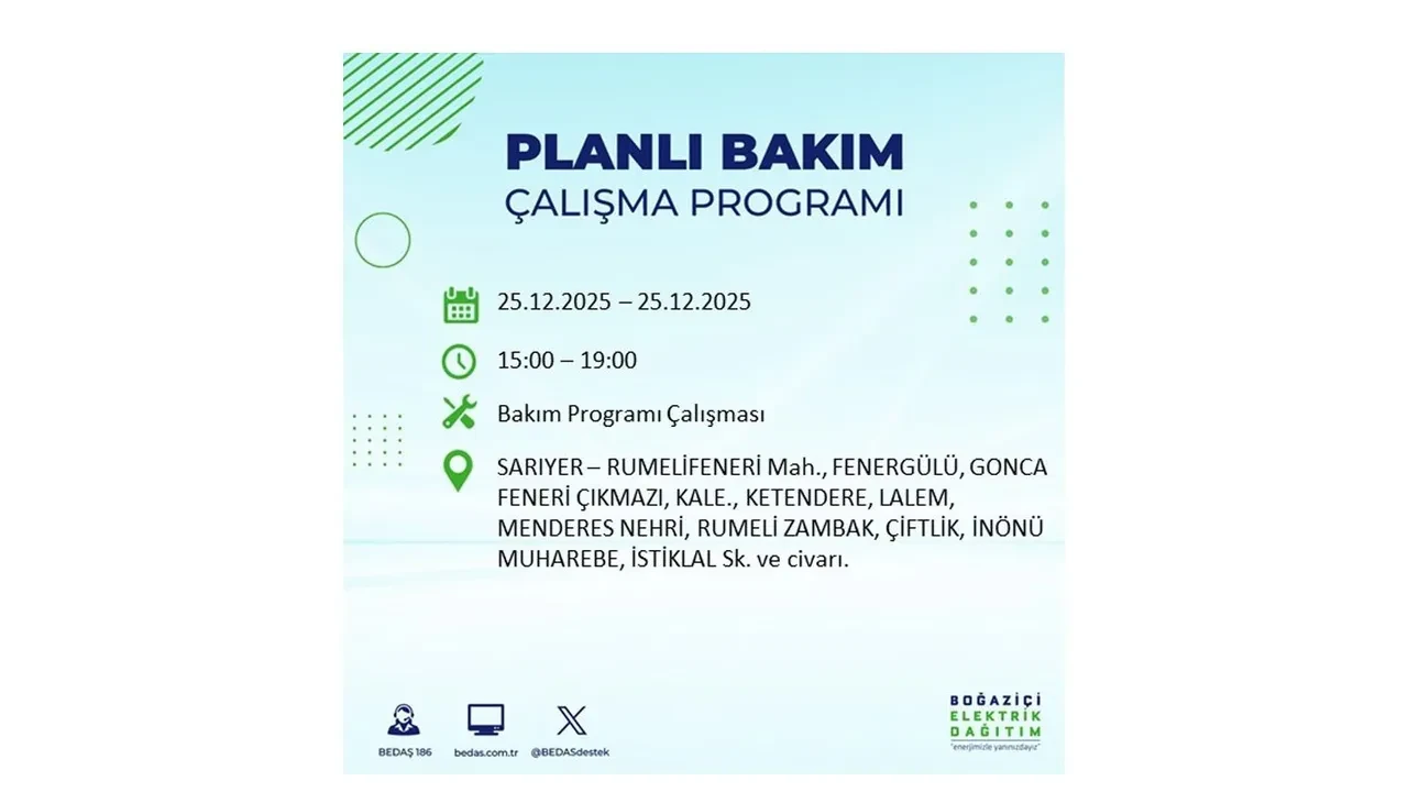 25 Aralık İstanbul elektrik kesintisi duyurusu! BEDAŞ çalışmaları 21 ilçeyi etkileyecek