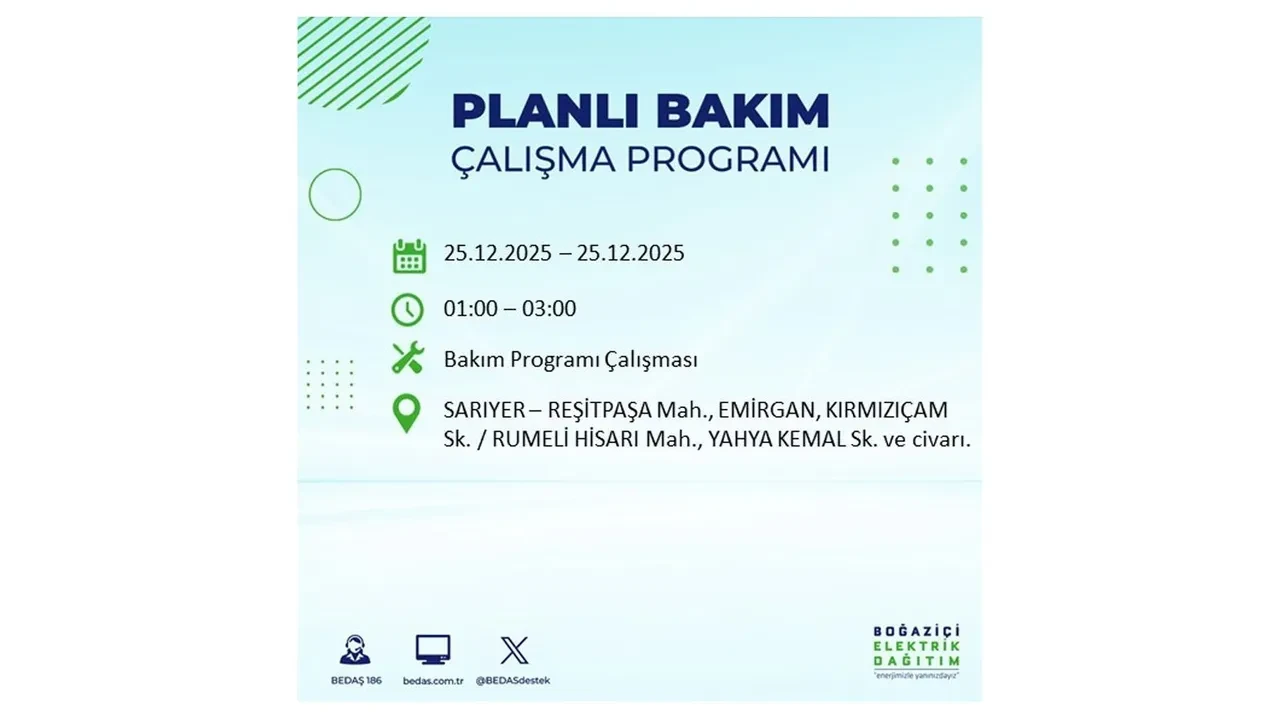 25 Aralık İstanbul elektrik kesintisi duyurusu! BEDAŞ çalışmaları 21 ilçeyi etkileyecek