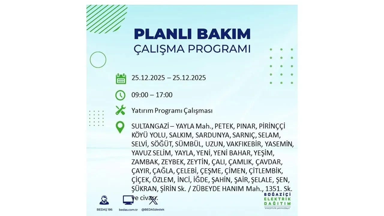 25 Aralık İstanbul elektrik kesintisi duyurusu! BEDAŞ çalışmaları 21 ilçeyi etkileyecek