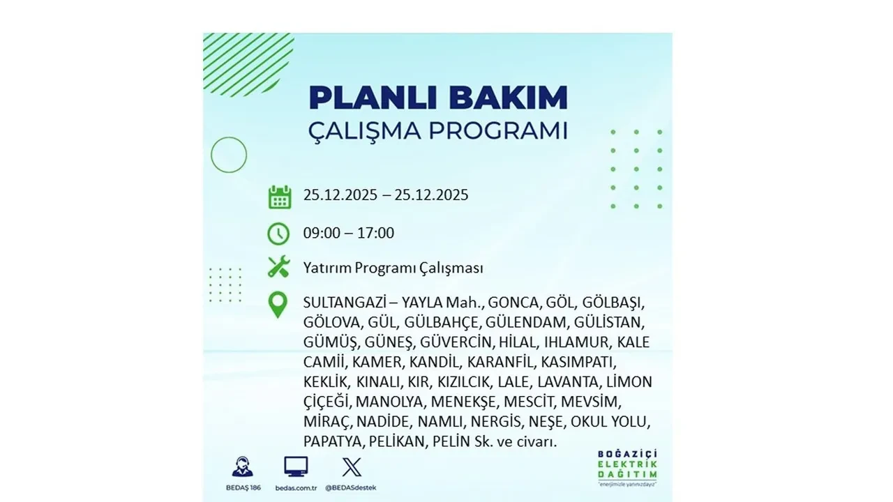 25 Aralık İstanbul elektrik kesintisi duyurusu! BEDAŞ çalışmaları 21 ilçeyi etkileyecek