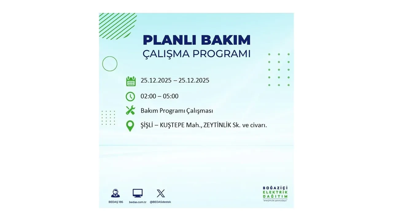 25 Aralık İstanbul elektrik kesintisi duyurusu! BEDAŞ çalışmaları 21 ilçeyi etkileyecek