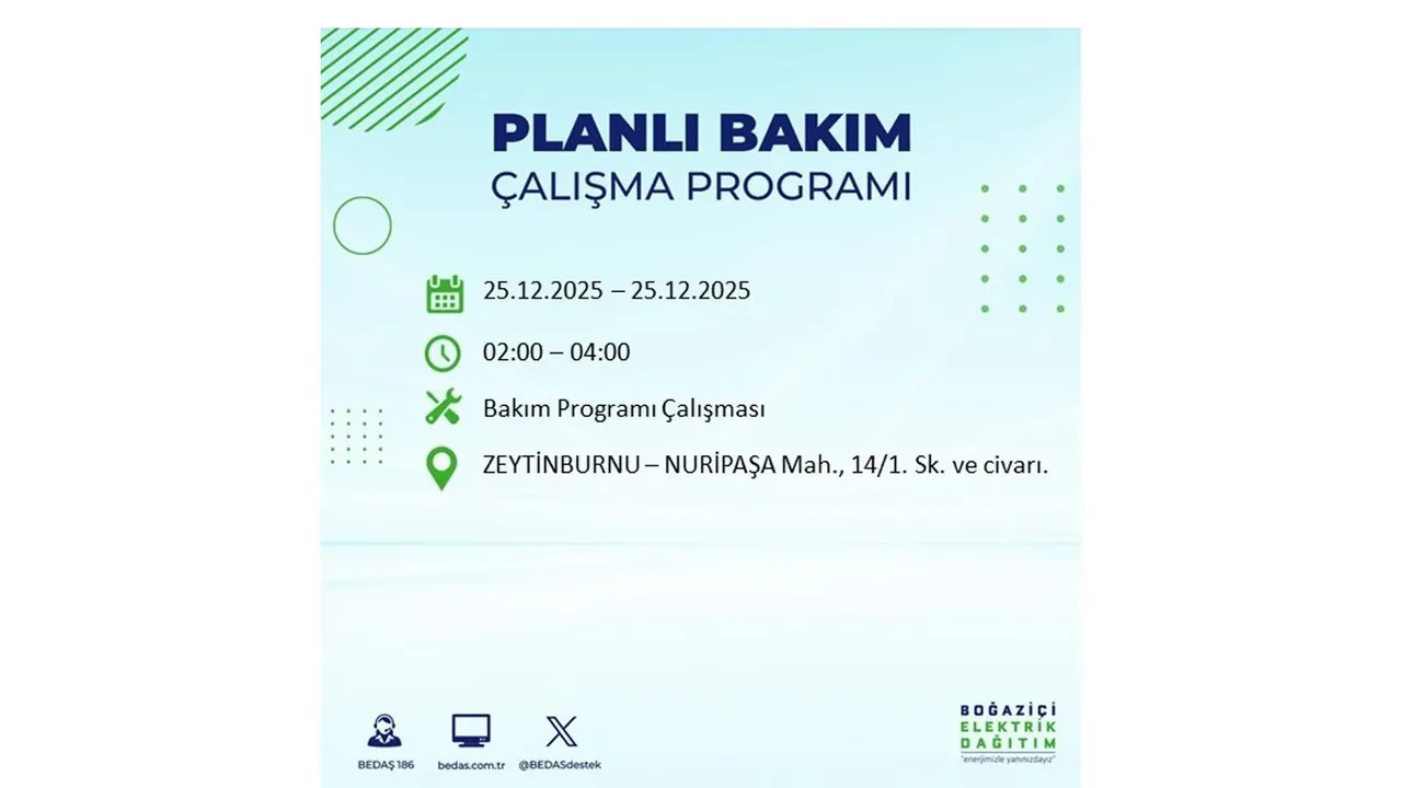 25 Aralık İstanbul elektrik kesintisi duyurusu! BEDAŞ çalışmaları 21 ilçeyi etkileyecek