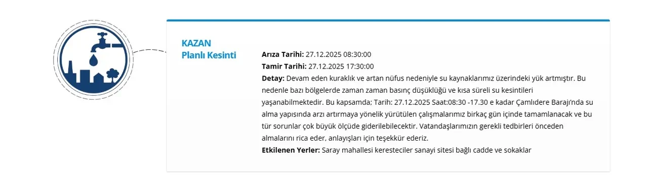Ankara’da 6 ilçede su kesintisi yaşanacak | 27 Aralık Ankara su kesintisi programı (ASKİ Ankara’da sular ne zaman gelecek)