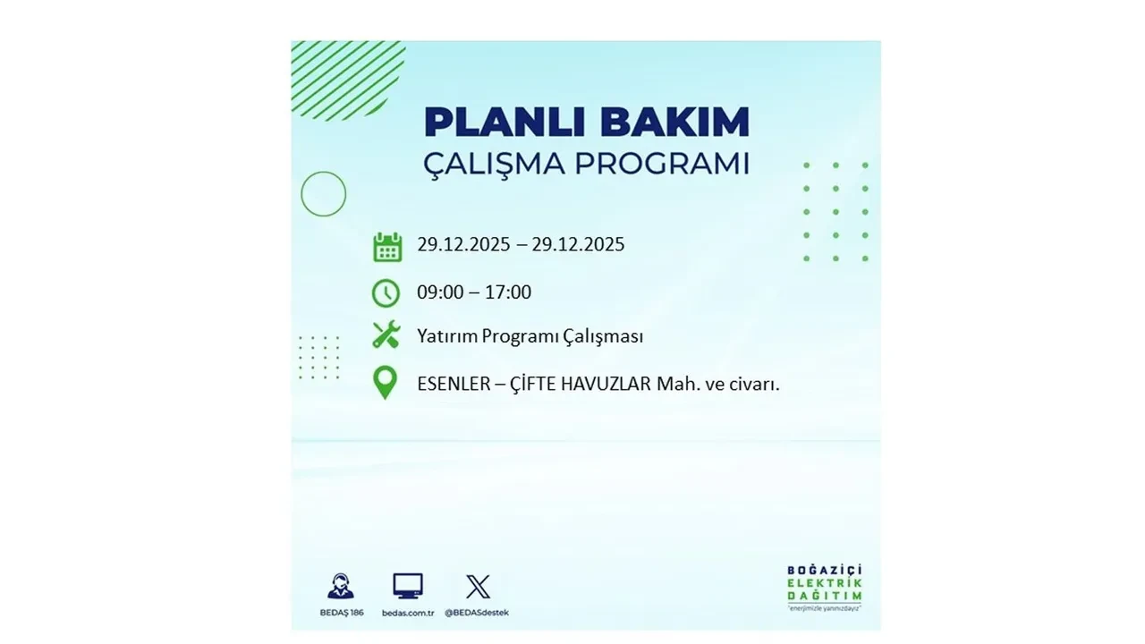 29 Aralık İstanbul elektrik kesintileri listesi! Pazartesi günü 21 ilçede planlı kesinti uygulanacak: İstanbul’da elektrikler saat kaçta gelecek?