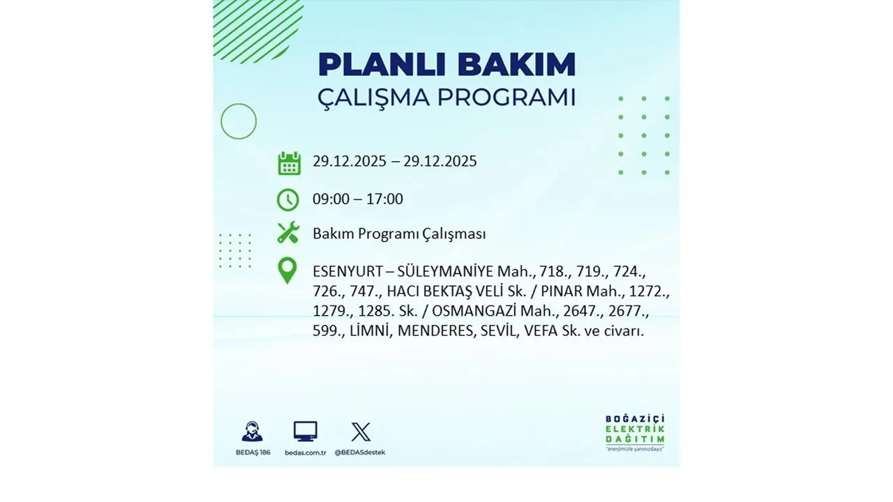 29 Aralık İstanbul elektrik kesintileri listesi! Pazartesi günü 21 ilçede planlı kesinti uygulanacak: İstanbul’da elektrikler saat kaçta gelecek?