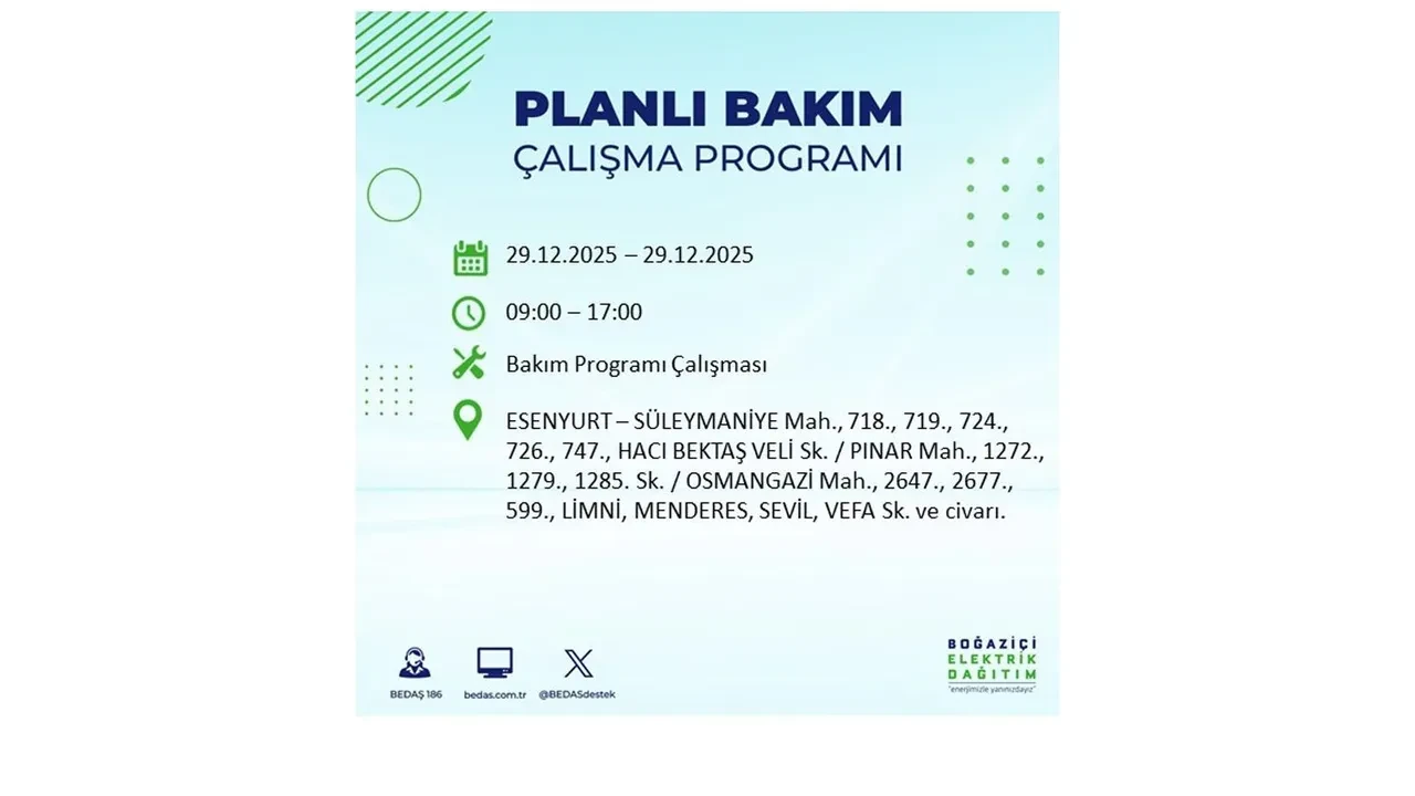 29 Aralık İstanbul elektrik kesintileri listesi! Pazartesi günü 21 ilçede planlı kesinti uygulanacak: İstanbul’da elektrikler saat kaçta gelecek?