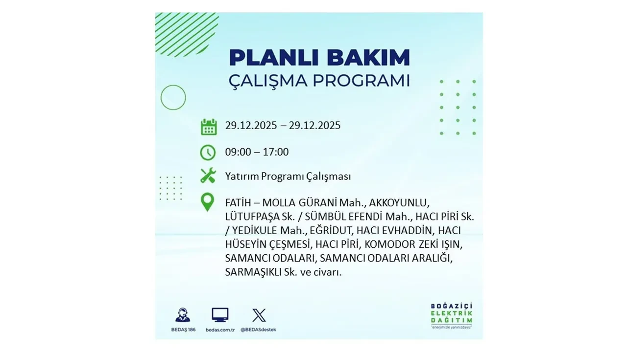 29 Aralık İstanbul elektrik kesintileri listesi! Pazartesi günü 21 ilçede planlı kesinti uygulanacak: İstanbul’da elektrikler saat kaçta gelecek?