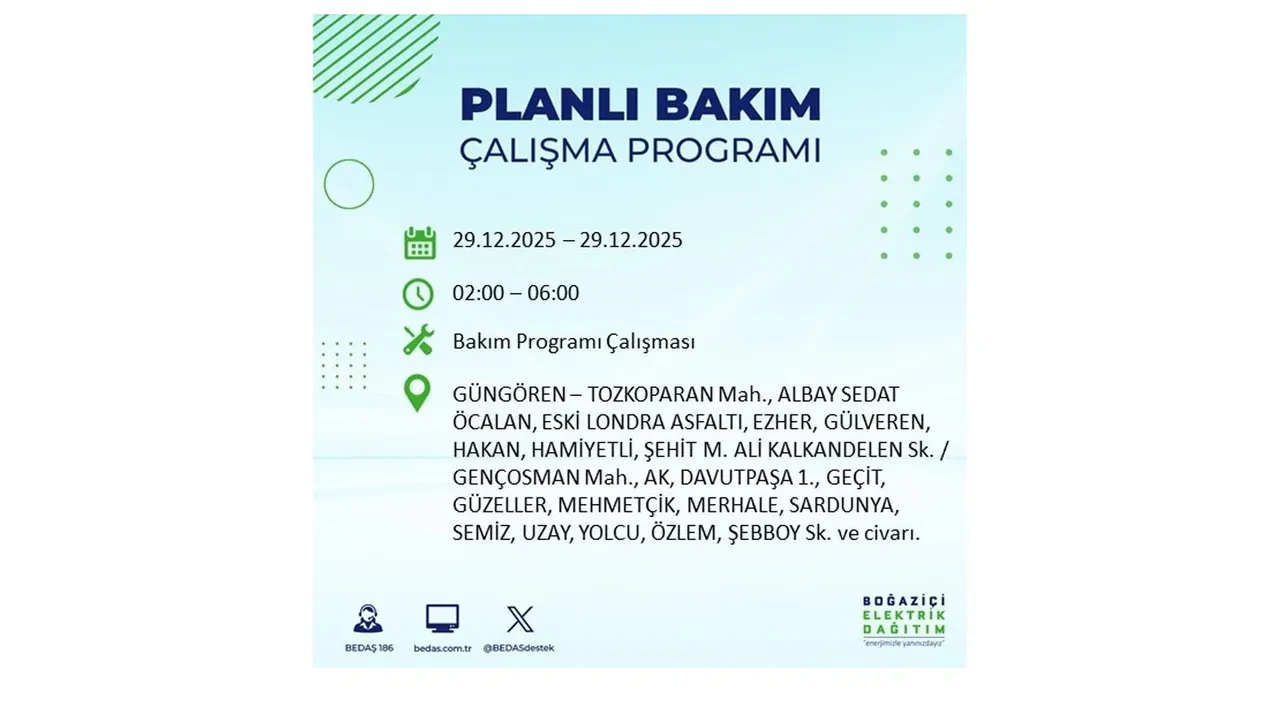 29 Aralık İstanbul elektrik kesintileri listesi! Pazartesi günü 21 ilçede planlı kesinti uygulanacak: İstanbul’da elektrikler saat kaçta gelecek?