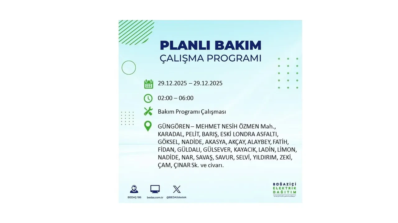 29 Aralık İstanbul elektrik kesintileri listesi! Pazartesi günü 21 ilçede planlı kesinti uygulanacak: İstanbul’da elektrikler saat kaçta gelecek?