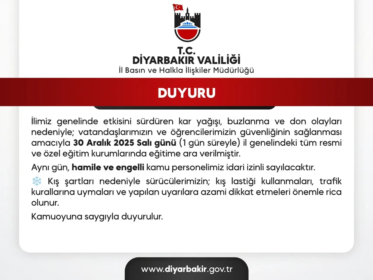 Diyarbakır’da yarın okullar tatil edildi mi? 30 Aralık valilik açıklaması