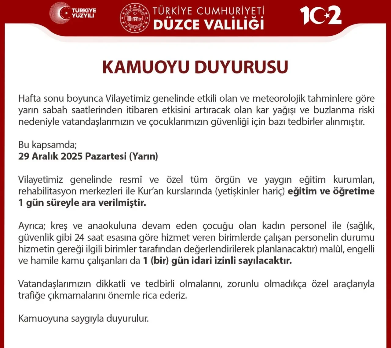 Düzce okullar tatil mi? 30 Aralık son dakika tatil kararı bir ilçede verildi