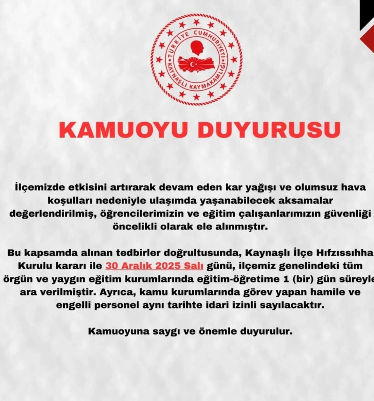 Düzce okullar tatil mi? 30 Aralık son dakika tatil kararı bir ilçede verildi