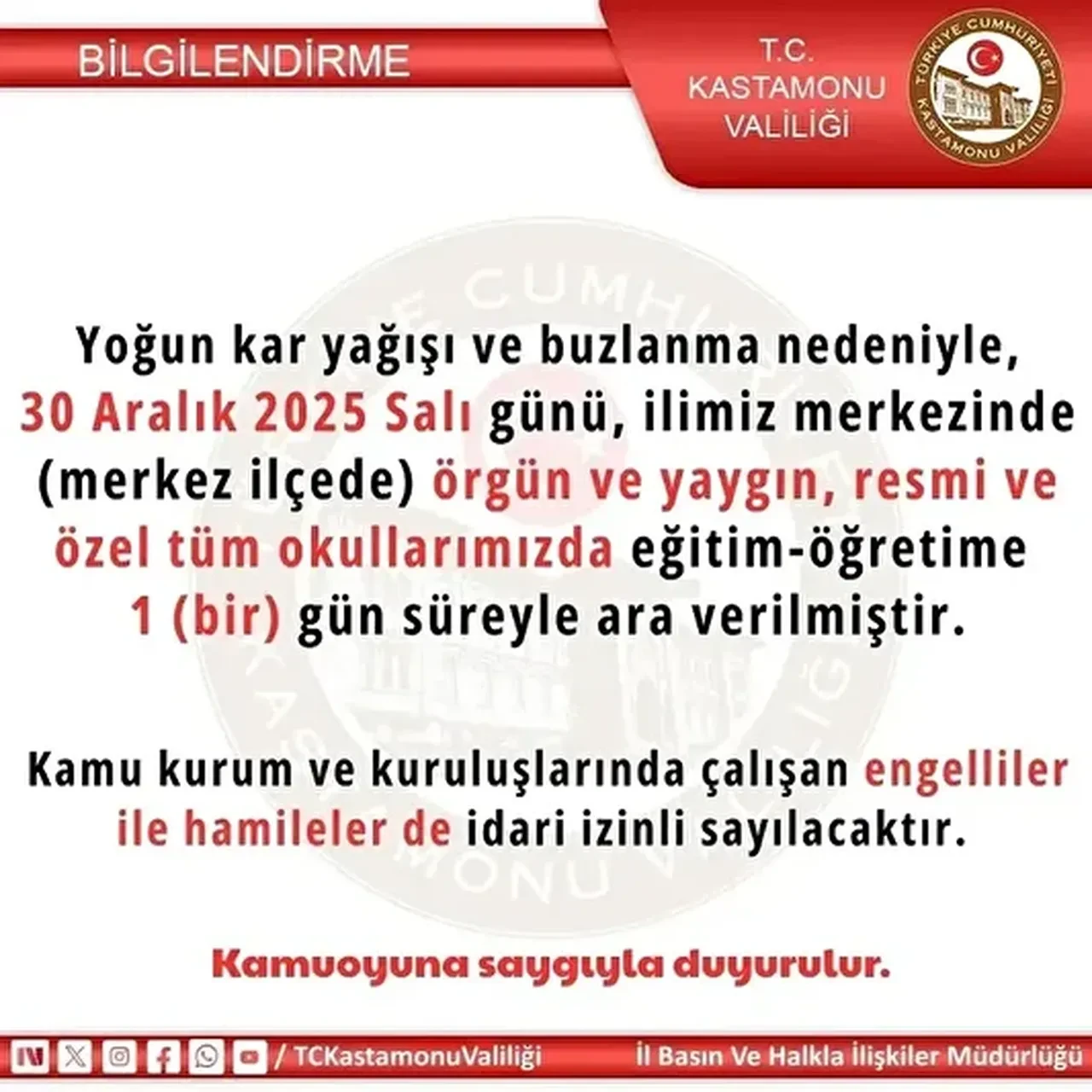 Kastamonu 30 Aralık yarın okullar tatil mi? Son dakika valilik açıklaması