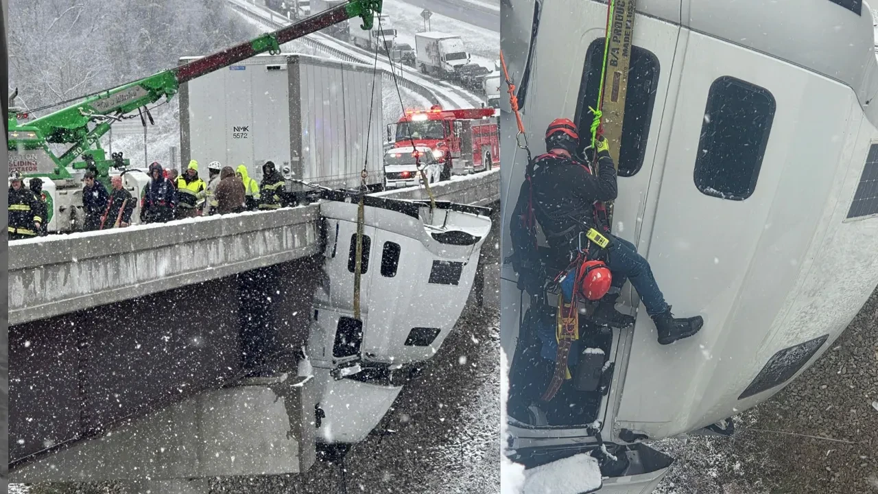 Tır bariyerlere çarptı kabini boşlukta asılı kaldı: Şoför 5 saat sonra kurtarılabildi