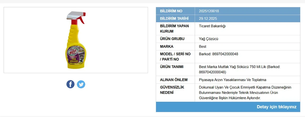 Bakanlıktan şok karar! Yağ sökücü markası raflardan toplatılıyor: Görme hasarı, yanık ve yaralanma tehlikesi var