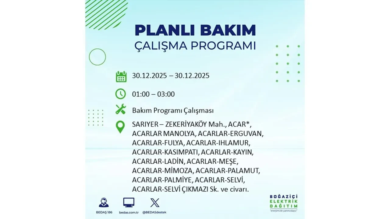 İstanbul 30 Aralık planlı elektrik kesintisi duyurusu: Sarıyer, Kağıthane, Eyüpsultan, Esenyurt, Çatalca ve Bakırköy’de elektrikler ne zaman gelecek?