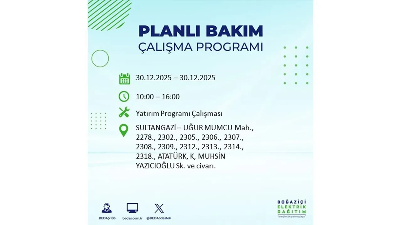 İstanbul 30 Aralık planlı elektrik kesintisi duyurusu: Sarıyer, Kağıthane, Eyüpsultan, Esenyurt, Çatalca ve Bakırköy’de elektrikler ne zaman gelecek?