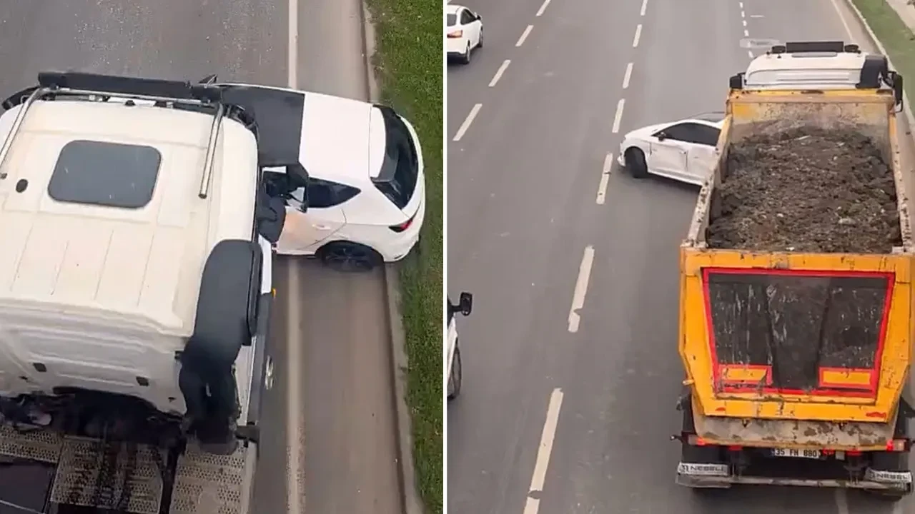 İzmir'de korkunç kaza! Kamyon, önüne aldığı otomobili metrelerce sürükledi