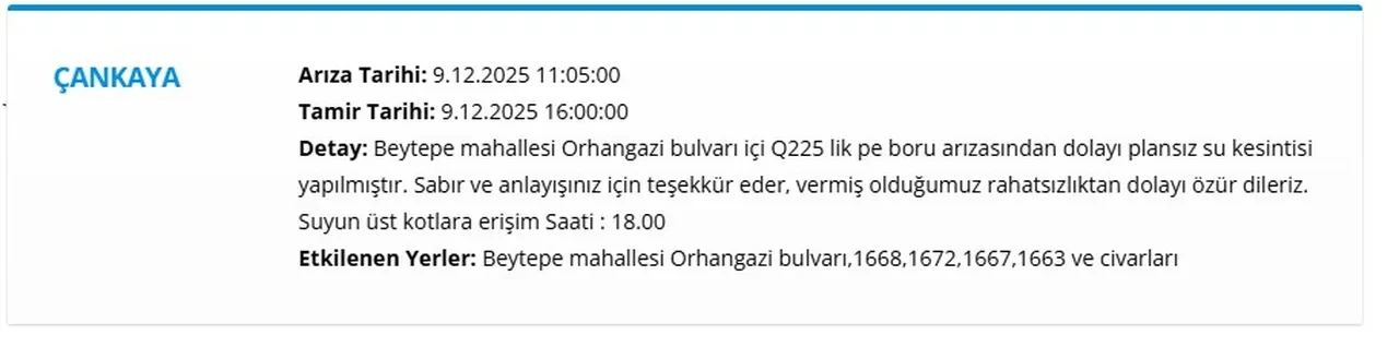 ASKİ Ankara su kesintisi programı (9 Aralık 2025) | Ankara’da sular ne zaman gelecek?