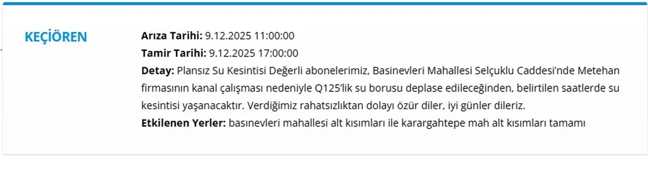 ASKİ Ankara su kesintisi programı (9 Aralık 2025) | Ankara’da sular ne zaman gelecek?