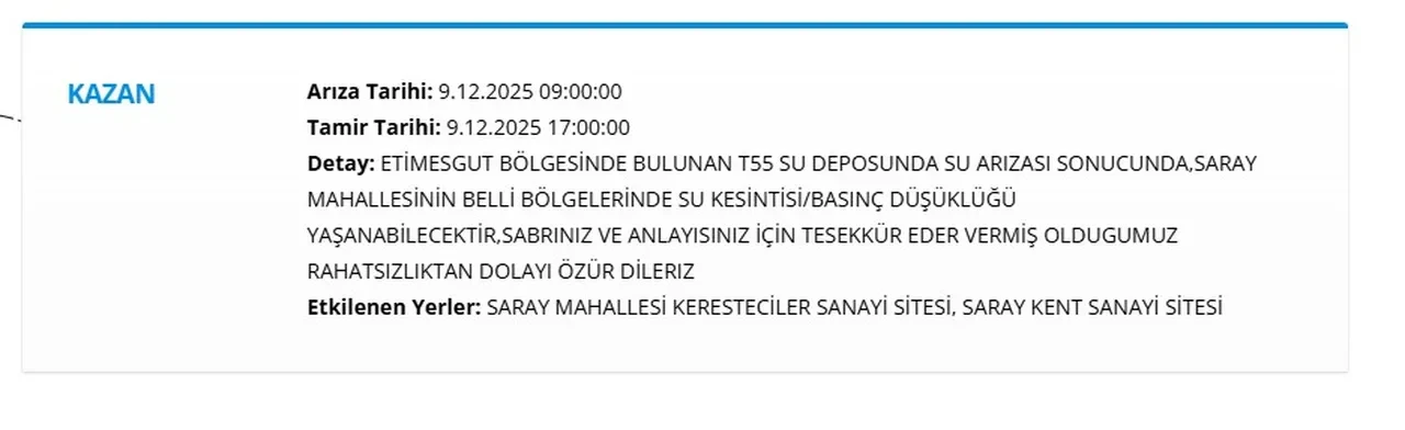 ASKİ Ankara su kesintisi programı (9 Aralık 2025) | Ankara’da sular ne zaman gelecek?