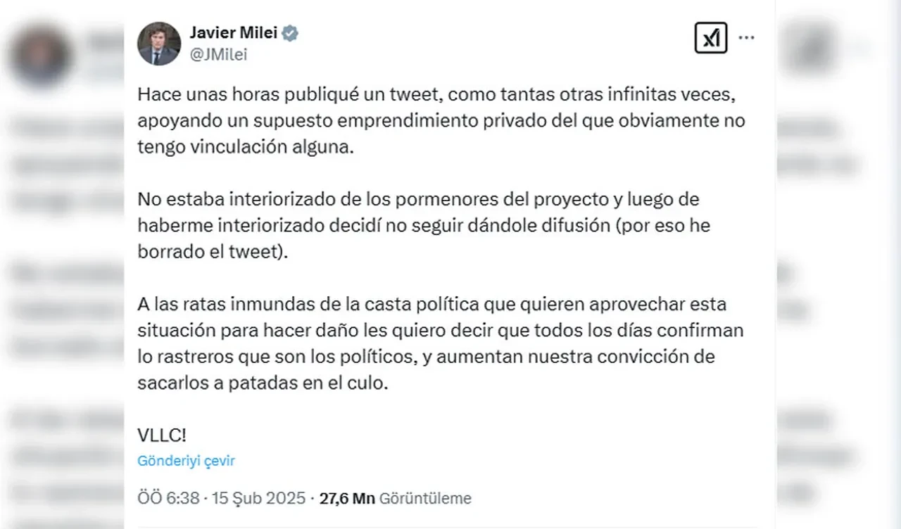 Arjantin Devlet Başkanı Javier Milei’den Kripto Para çıkardı: 4,5 milyar dolar buhar oldu