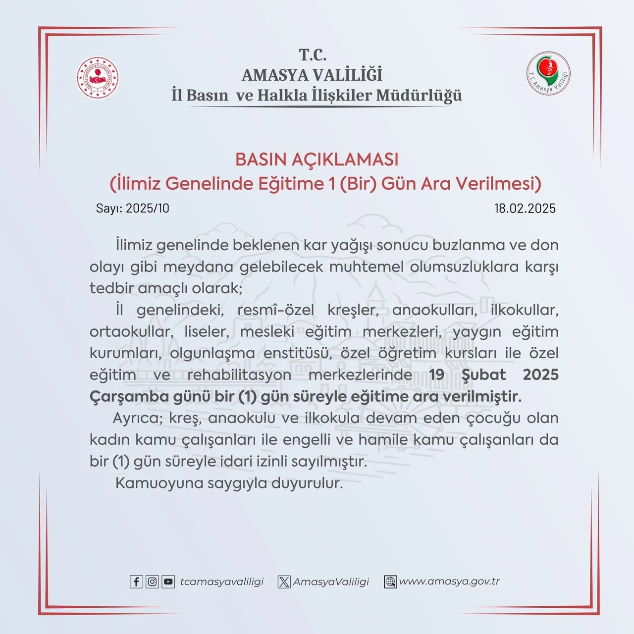 Amasya’da yarın okullar tatil mi? Valilikten kar tatili açıklaması