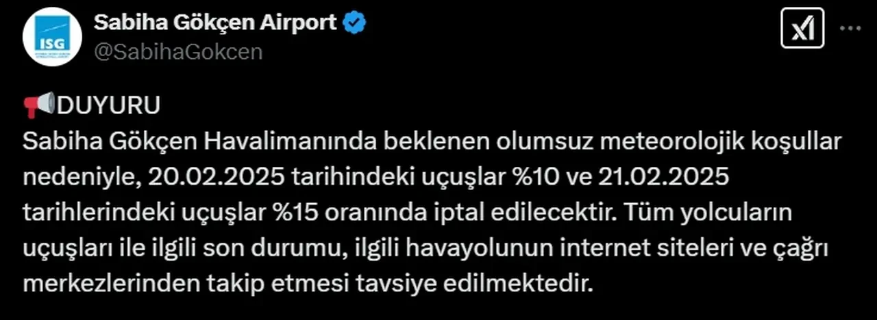 Sabiha Gökçen Havalimanı iptal edilen uçuşlar! 20-21 Şubat'ta bazı uçuşlar iptal oldu