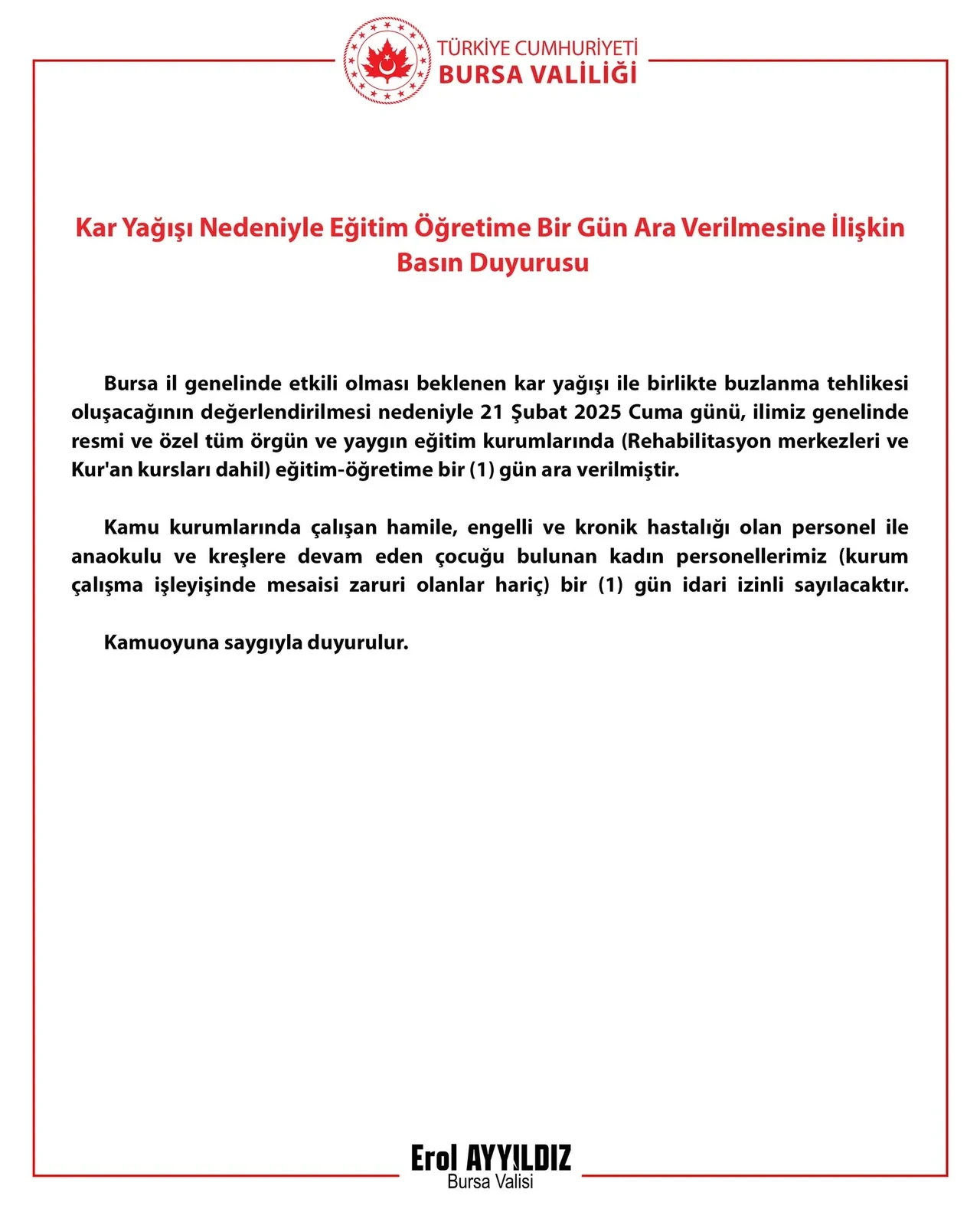 Bursa'da okullar tatil mi? 21 Şubat kar tatili açıklaması geldi