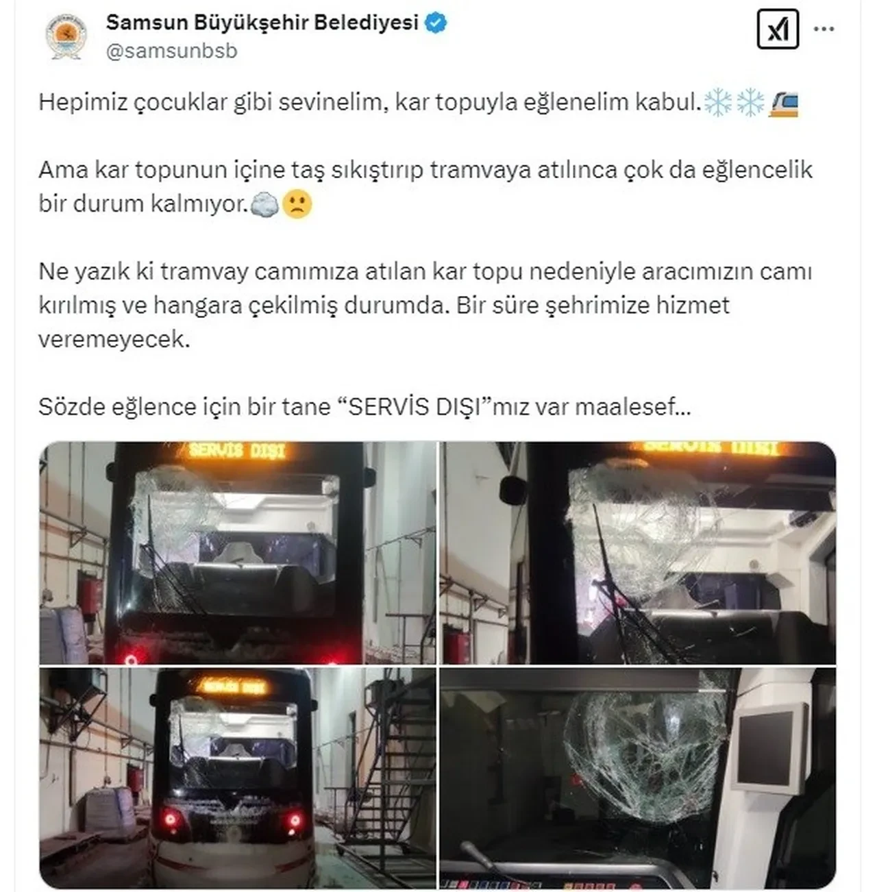 Kar topu eğlencesi bu defa zarar verdi! İçine taş sıkıştırıp tramvaya attılar