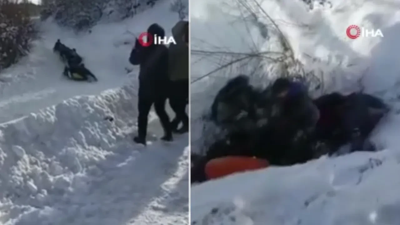 Bolu'da şambrelle kayak yapan 10 genç virajı alamayınca çukura uçtu