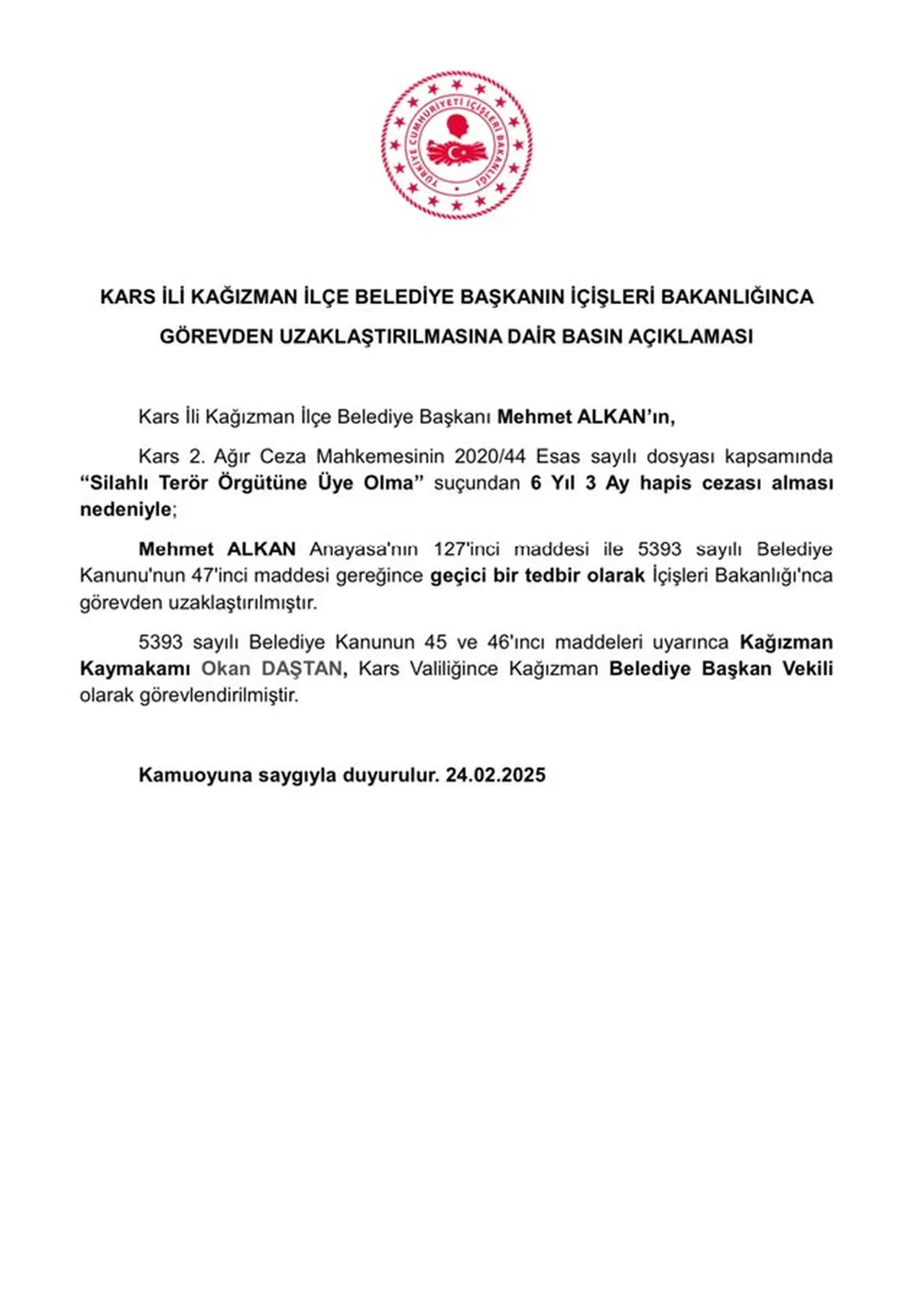 Son dakika | Kağızman Belediye Başkanı Mehmet Alkan görevden uzaklaştırıldı! İçişleri Bakanlığı'ndan açıklama