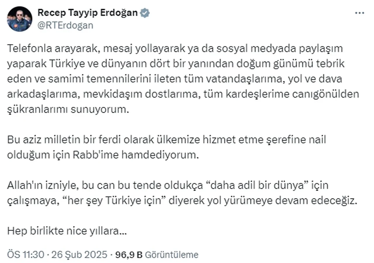 Cumhurbaşkanı Erdoğan'dan doğum gününe özel teşekkür mesajı!