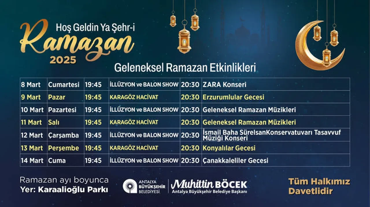 Antalya Ramazan etkinlikleri 2025! 16-21 Mart Antalya Ramazan Etkinlik takvimi açıklandı, ücretsiz konser verilecek
